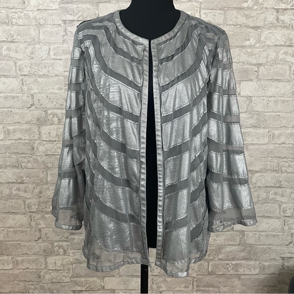 Chico's Jackets & Blazers - Traveler's Collection by Chico's Silver/Semi-Sheer Print Open Jacket
